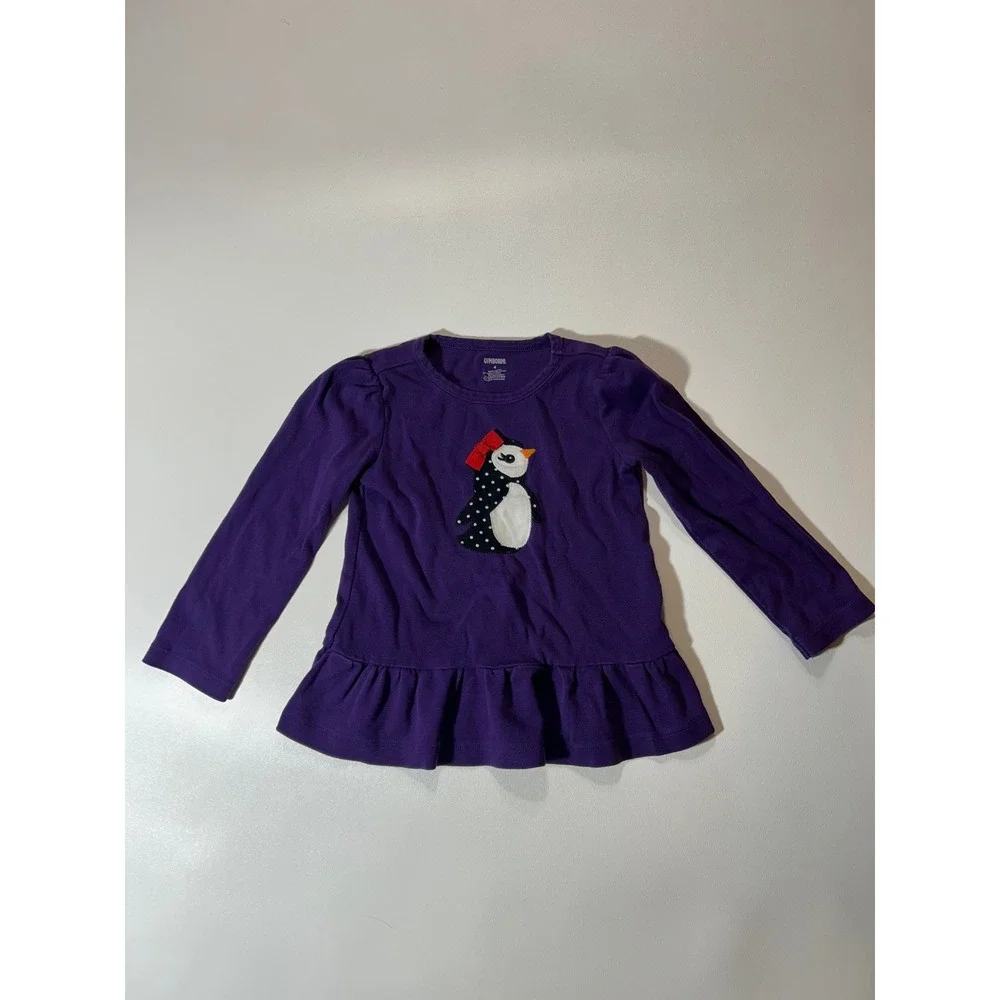 Gymboree Penguin Top Girls 4 Purple Excellent Peplum Ruffle Long Sleeve Cotton